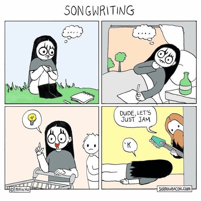 Artist creates comics with funny twists about songwriting, featuring a character brainstorming ideas.