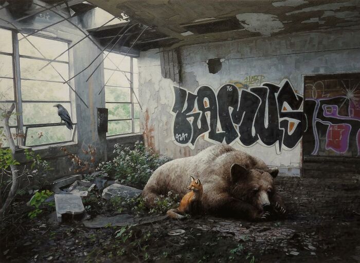 A large brown bear and a small fox rest inside a ruined building from Kevin Peterson dystopian paintings