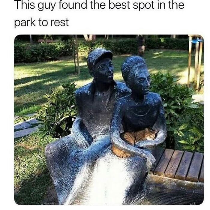 A funny cat meme: a ginger cat rests on the lap of a park statue, enjoying the sun.
