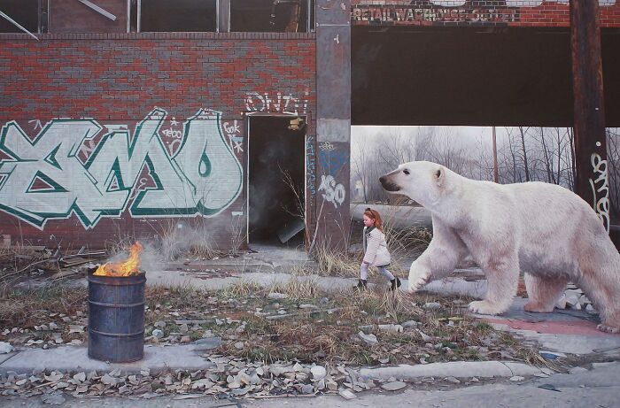 A polar bear walks near a child next to a burning barrel in a dystopian painting by Kevin Peterson