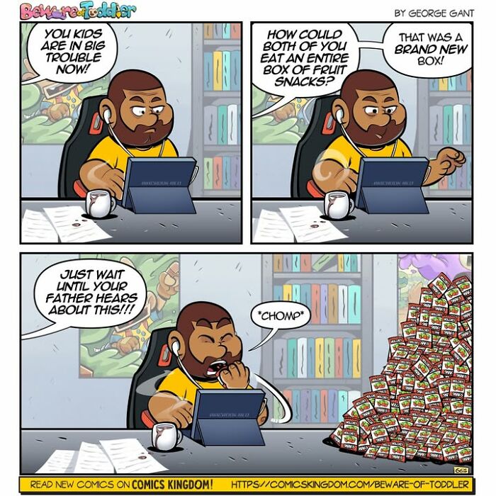 A comic where a parent discovers an empty box of fruit snacks, illustrating the chaos of parenting a toddler.