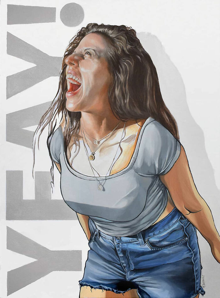 Shouting woman in a Michel Devanakis painting capturing extreme perspective of the human form.