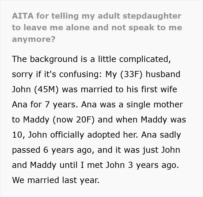 Screenshot of a Reddit post detailing a woman's experience with her adult stepdaughter. Screenshot of a Reddit post detailing a woman's experience with her adult stepdaughter.