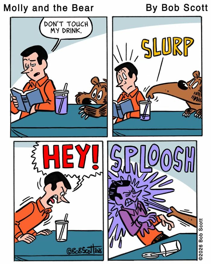 A comic of a family living with a lovable bear, slurping a drink and splashing it on a family member.