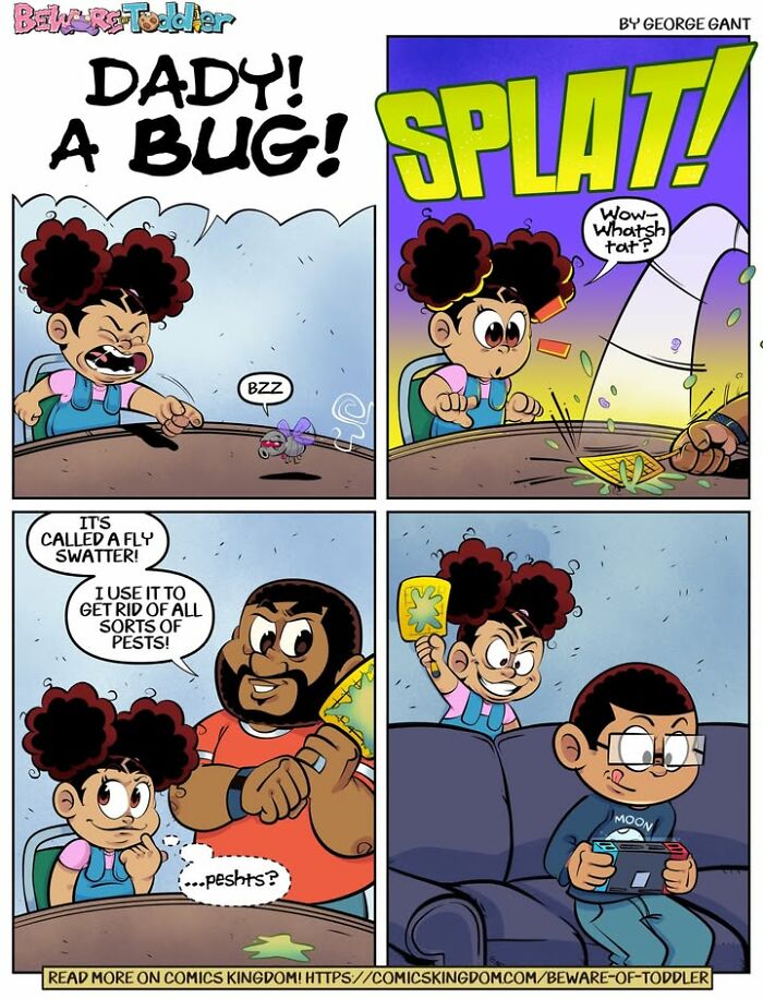 A comic showing a toddler misunderstanding a fly swatter, highlighting the chaos of parenting a toddler.