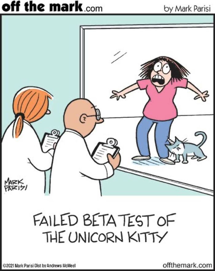 Mark Parisi comics about a failed beta test of a unicorn kitty with horn.