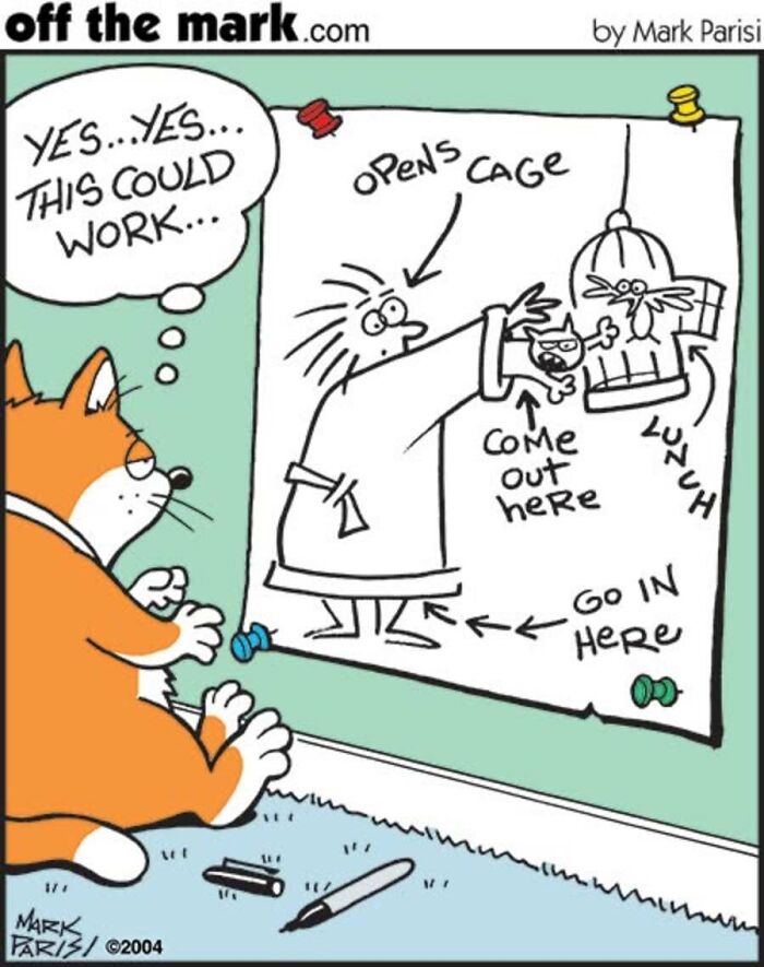 Mark Parisi comics depicting an orange cat planning to trick its owner to get lunch.