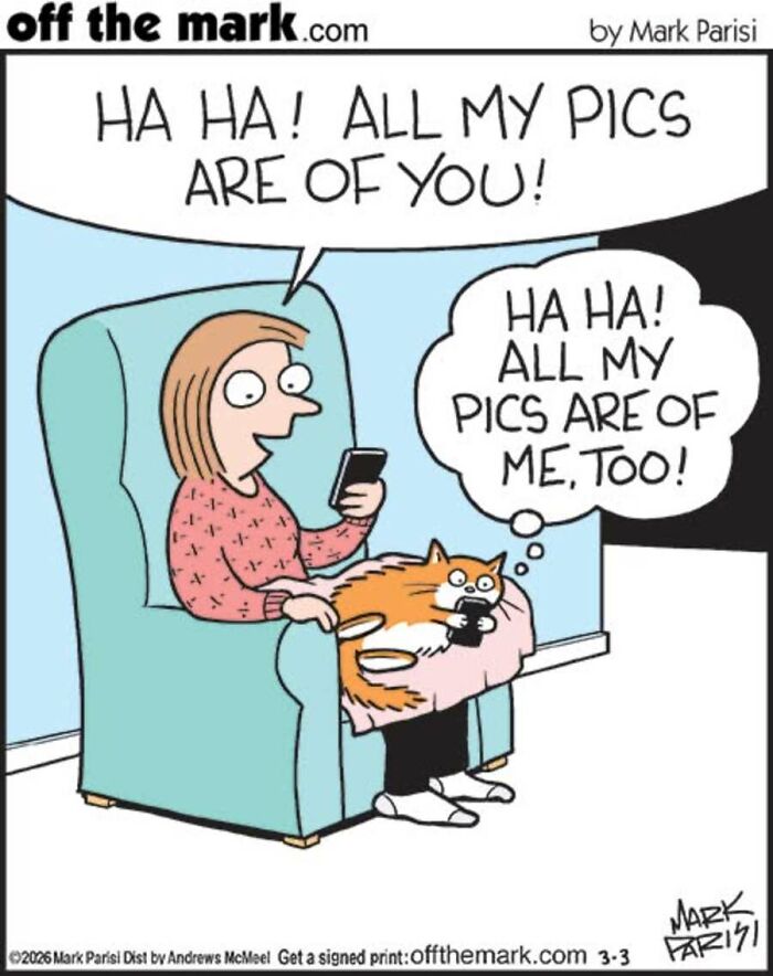 Mark Parisi comics showing a cat owner taking photos of her orange cat holding a phone.