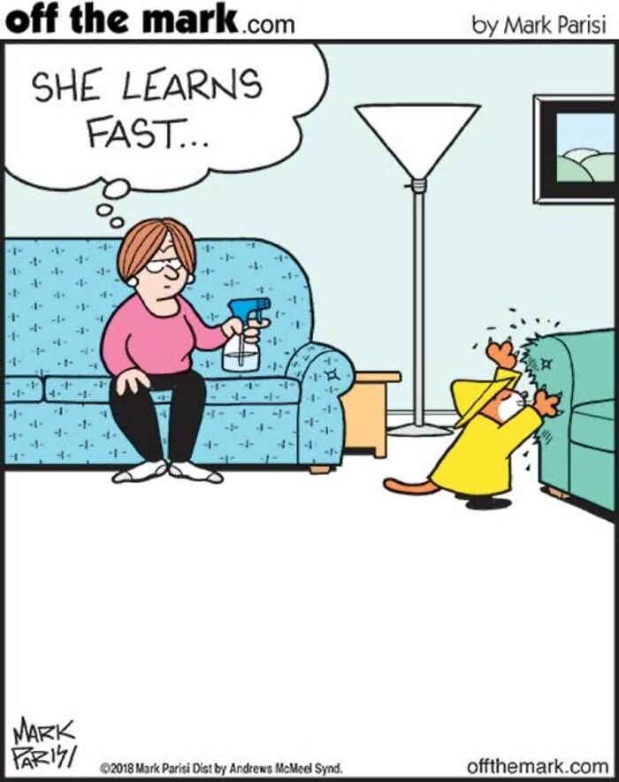 A comic by Mark Parisi showing a cat wearing a raincoat to scratch the sofa.