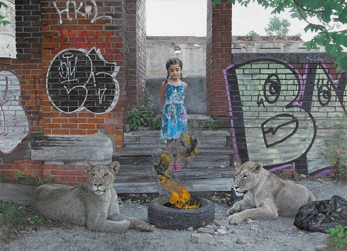 A young girl with two lionesses in a dystopian painting by Kevin Peterson.