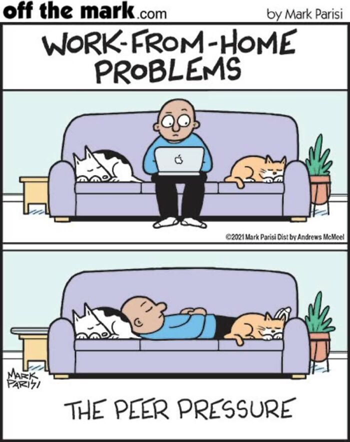 A comic by Mark Parisi illustrating work from home peer pressure with napping pets.
