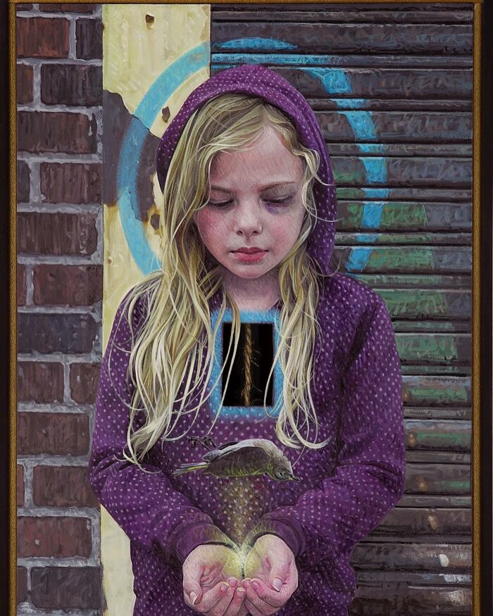 A young blonde girl in a purple hoodie holding a small bird in dystopian paintings by Kevin Peterson.