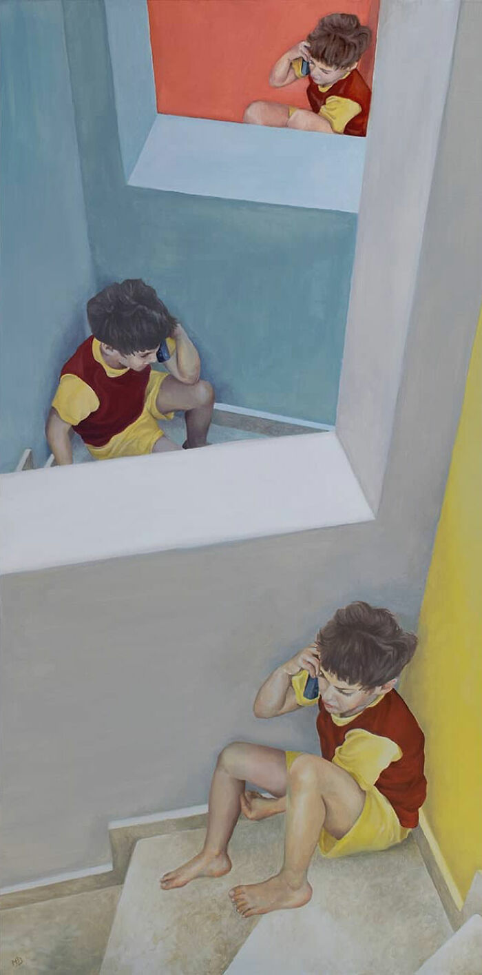 Boy on stairs in a Michel Devanakis painting showing extreme perspective on the human form.