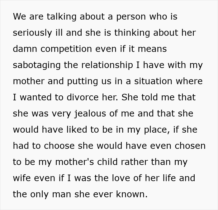 Wife's competition strains relationship as husband cares for seriously ill mother