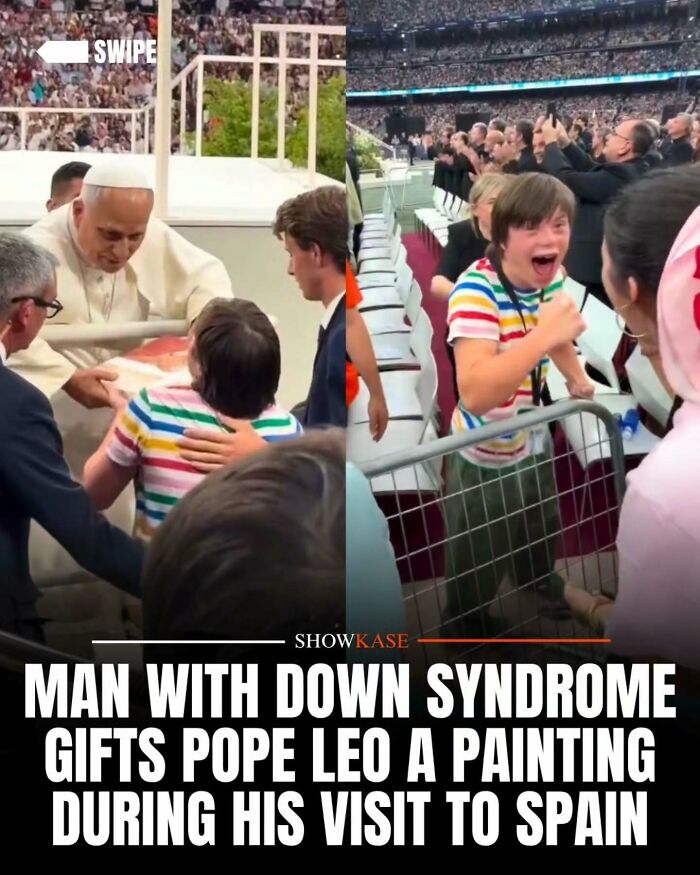 A man with Down syndrome presenting a painting to the Pope, one of many wholesome stories.