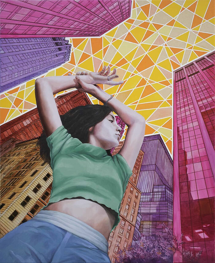 Low angle view of a woman among skyscrapers in a Michel Devanakis painting with extreme perspective.