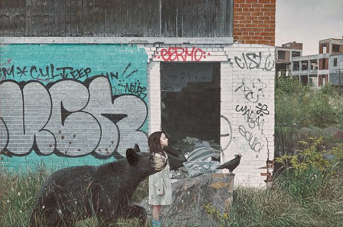 Dystopian paintings by Kevin Peterson featuring a little girl walking with a black bear in an urban setting.