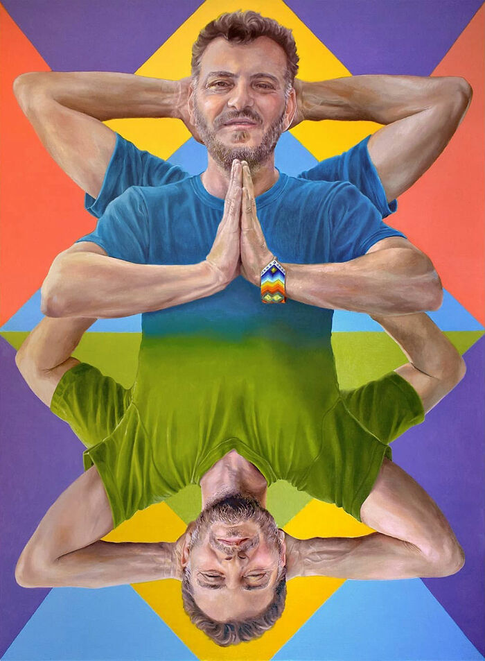 Symmetrical man meditating in a Michel Devanakis painting exploring extreme perspective.