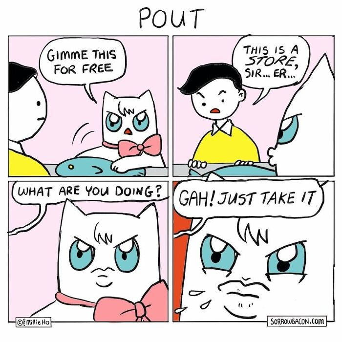 A funny comics panel where a cat with a bow tie pouts to get free fish from a store clerk, who eventually gives in.
