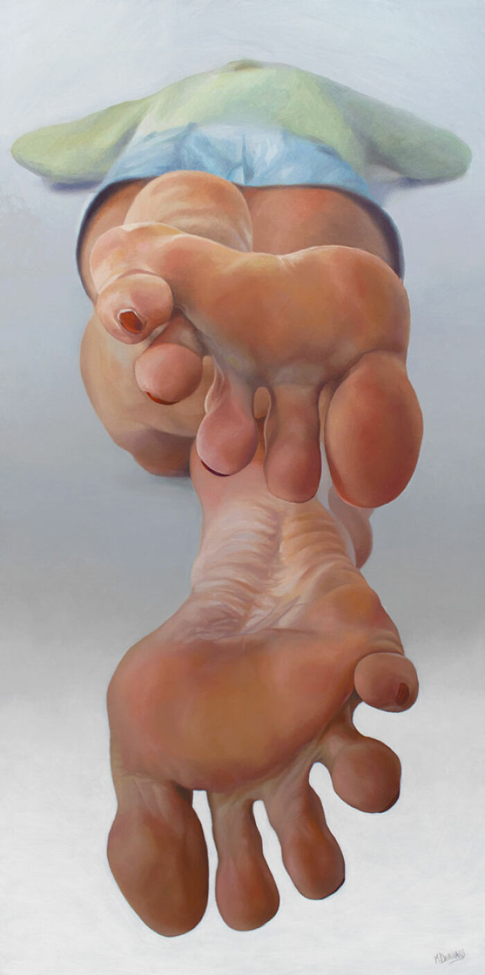 Michel Devanakis painting with extreme perspective focusing on the soles of feet of a lying figure