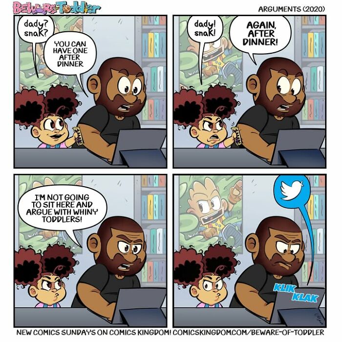 A comic of a father dealing with a toddler's snack demands, illustrating the chaos of parenting a toddler.