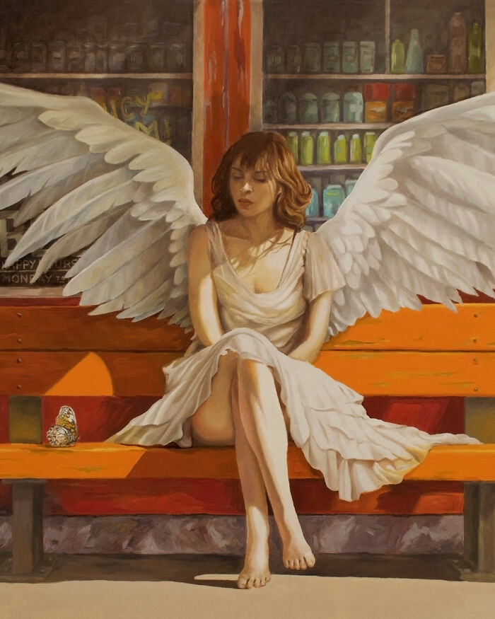 Art by Michel Devanakis featuring a winged woman in a white dress sitting on an orange bench next to a butterfly.