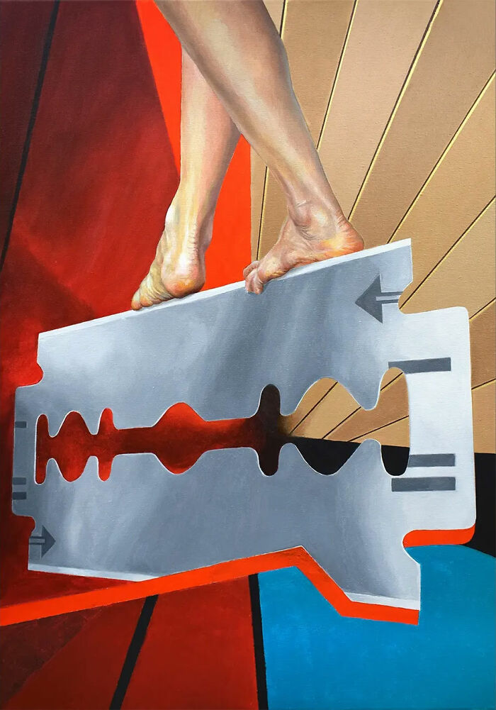 A Michel Devanakis painting of bare feet walking on a giant razor blade, highlighting extreme perspective