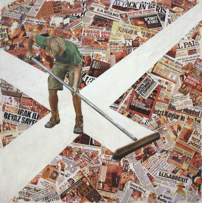 A painting by Michel Devanakis using extreme perspective to show a man sweeping over newspaper collages.