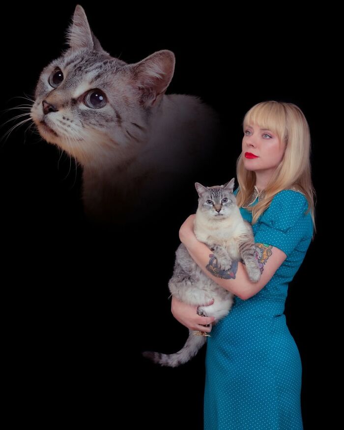 Silly portraits of pets and their owners, with a woman in a blue dress holding a grey cat, and a floating cat head.
