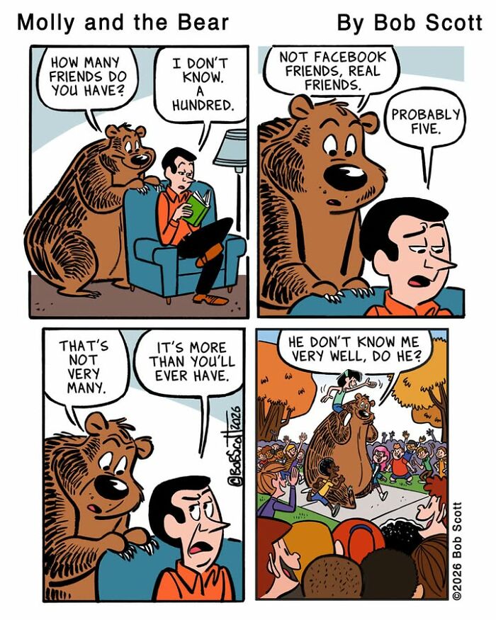 A comic of a family living with a lovable bear, showing he is very popular among real friends.