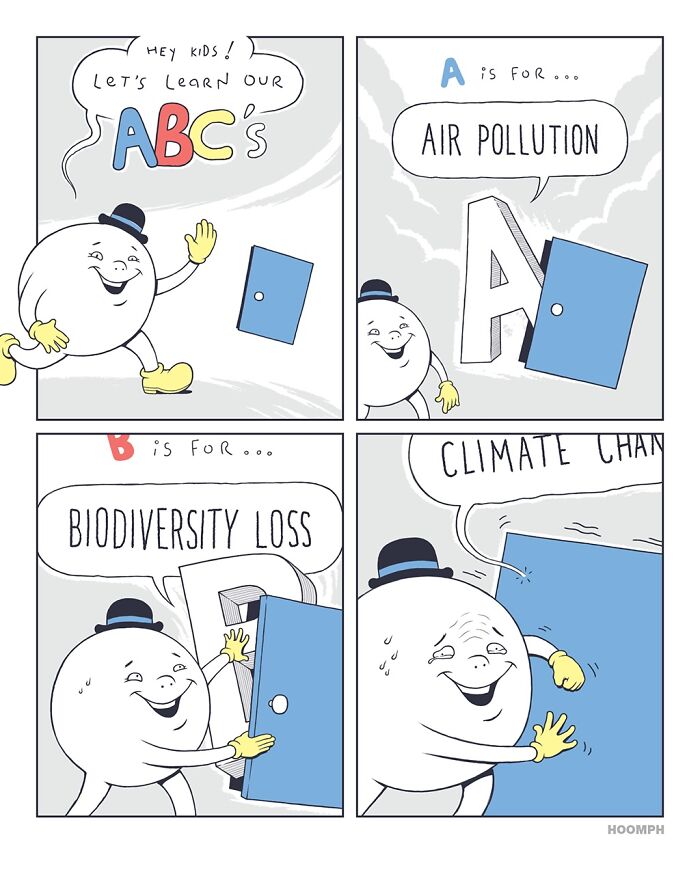 A Bips McCallister comic featuring a character teaching an ABCs lesson on serious topics like air pollution and climate change, highlighting hilarious comics.