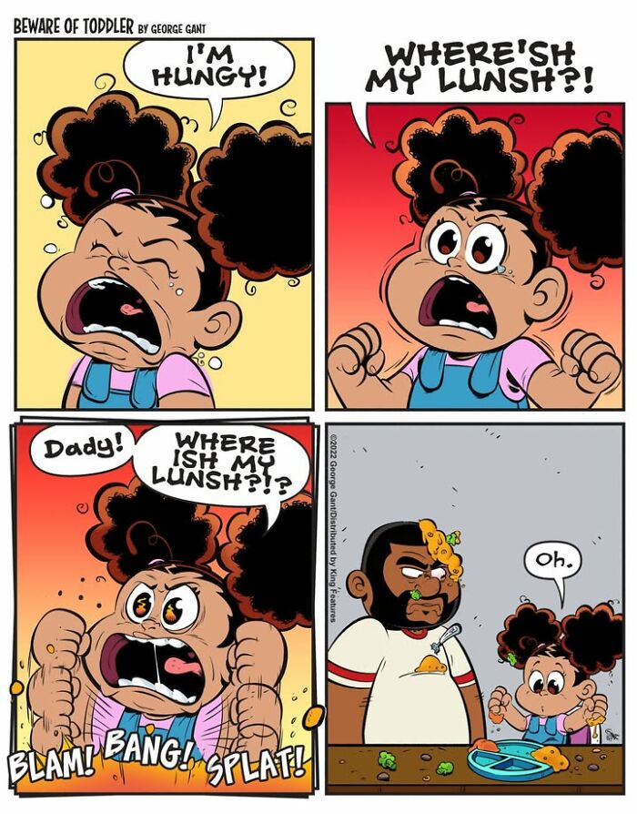 A comic depicting a toddler throwing a tantrum over lunch, part of comics showing the chaos of parenting a toddler.