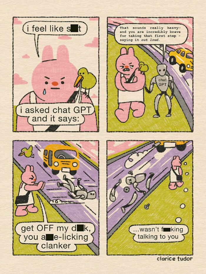 British humor comic featuring sassy pink rabbits and ChatGPT interaction.