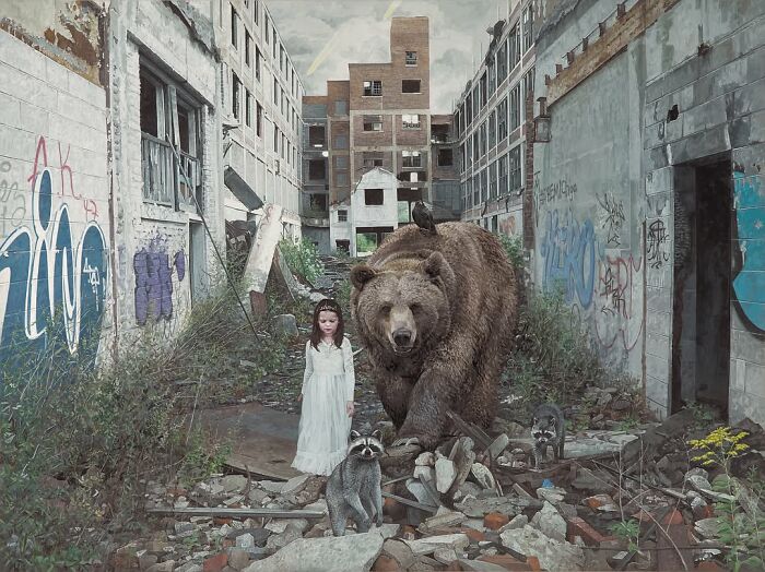 A girl walking with a large bear and raccoons in a dystopian painting by Kevin Peterson.
