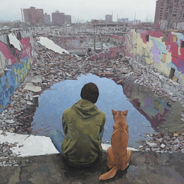 A person and dog look at a flooded city ruin in dystopian paintings by Kevin Peterson.