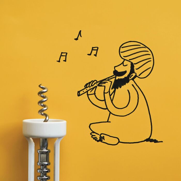 Playful illustration of a snake charmer with a corkscrew as a snake as everyday objects come to life