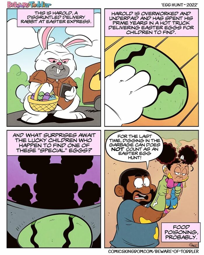A comic showing a disgruntled Easter delivery rabbit, part of comics showing the chaos of parenting a toddler.