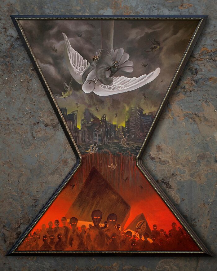 Hourglass painting by Michel Devanakis showing a white dove captured in the top and a red underworld below.