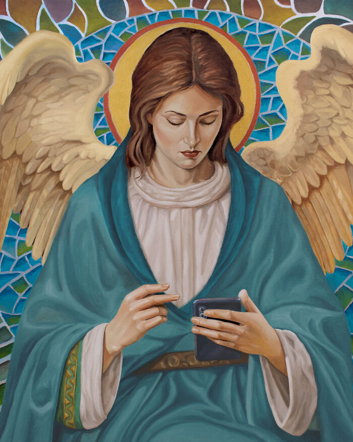Painting by Michel Devanakis of a beautiful winged angel holding and looking down at a modern smartphone.