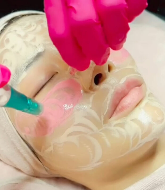 Close-up of a woman receiving a facial treatment, showing a dramatic wedding day transformation process. Close-up of a woman receiving a facial treatment, showing a dramatic wedding day transformation process.