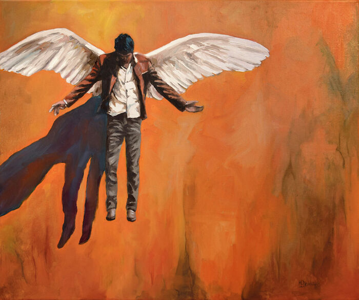 Painting by Michel Devanakis featuring a winged man hovering in the air using extreme perspective