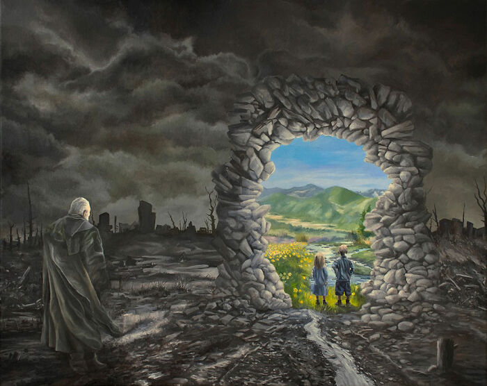 A Michel Devanakis painting of a figure looking at children through a stone portal.