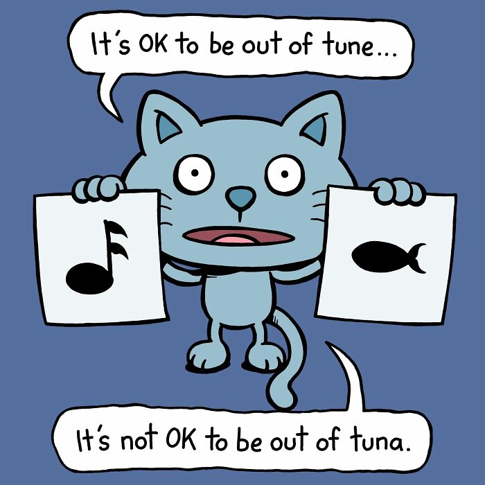 An illustration of a cat holding musical notes and a fish, emphasizing the importance of tuna for a cat.