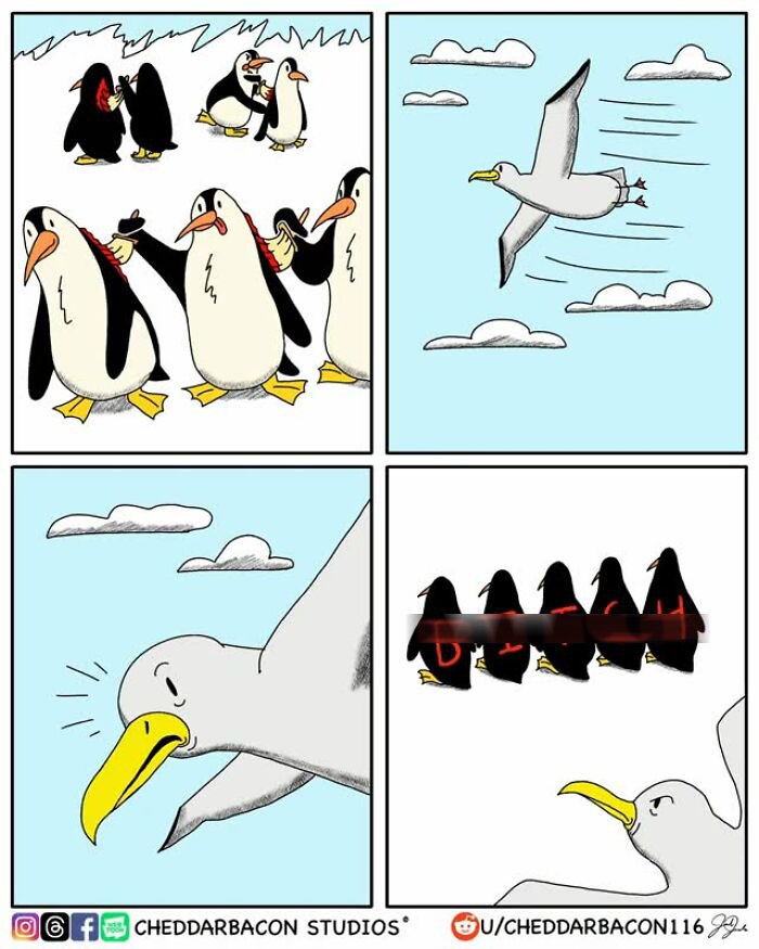 Penguins form a human ladder for an albatross in a clever, hilarious comic exaggerating adult life.