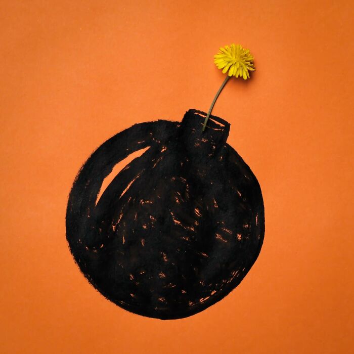 Playful illustration of a hand-drawn black b**b with a yellow flower fuse as everyday objects come to life