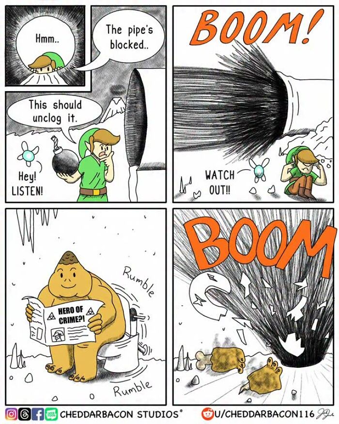 Link accidentally blows up a toilet with a b**b, disturbing a Goron reading a newspaper in hilarious comics.