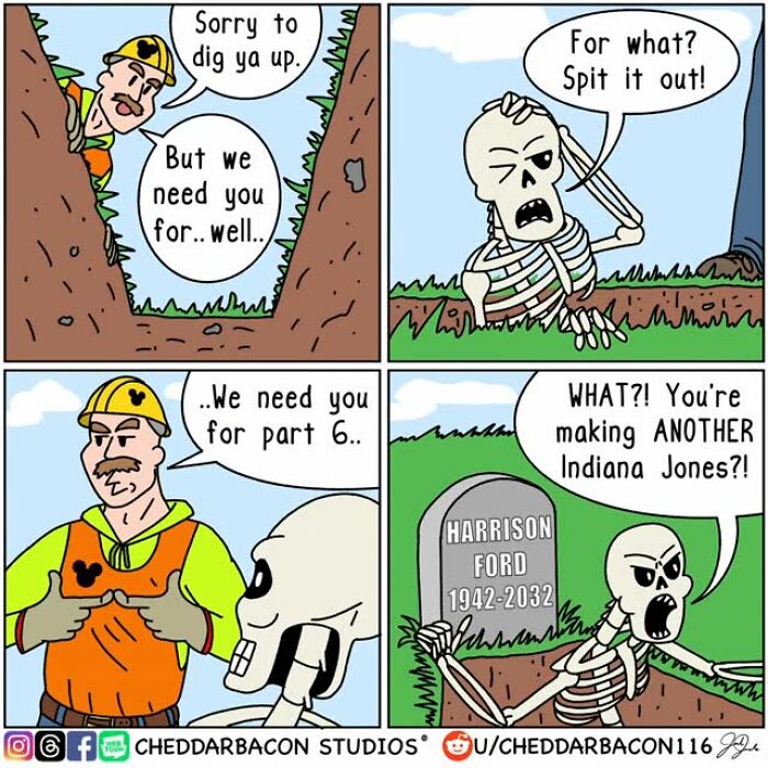 A skeleton emerges from a grave, shocked by a construction worker suggesting another Indiana Jones film in hilarious comics.