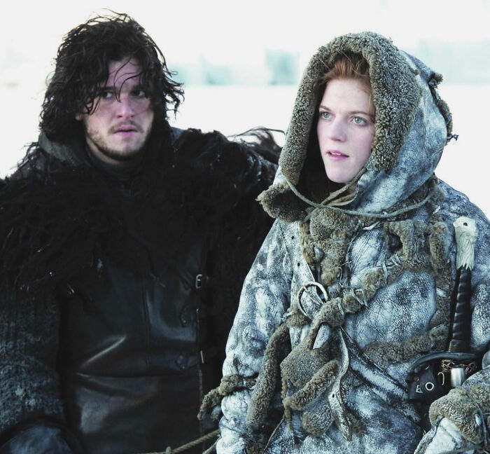 Game Of Thrones characters Jon Snow and Ygritte in winter costumes