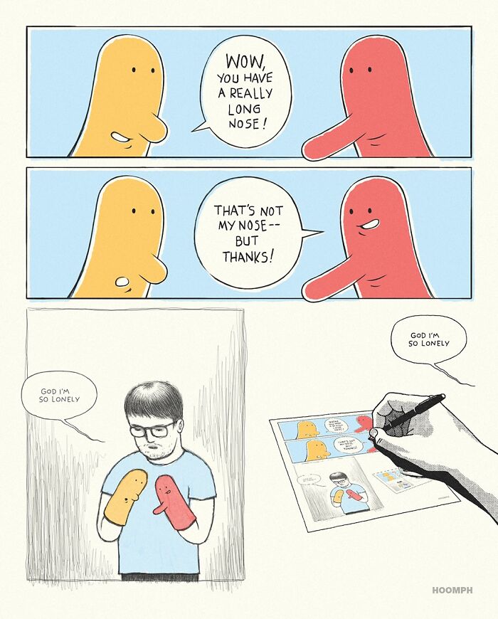 Bips McCallister's comic illustrates a lonely artist creating comics featuring characters with long noses, proving nothing is too absurd.