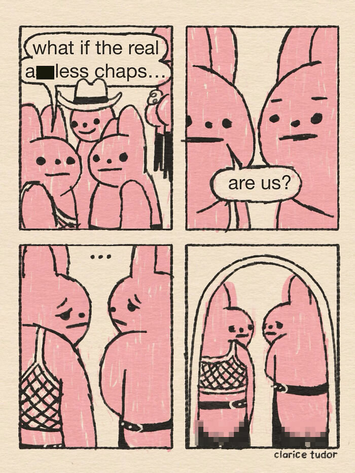 Sassy pink rabbits comic questioning identity with British humor and wit.